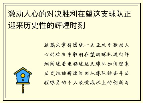 激动人心的对决胜利在望这支球队正迎来历史性的辉煌时刻